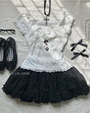 Coverwin-Y2k Lace Summer Crop Top T Shirts Women Clothes Vintage White Casual Kawaii Korea Sweet Girl Graphic Tee Baby Aesthetic Tops Emo