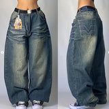 Coverwin Y2K Fashion New American Harajuku Retro Straight High Waist Street Style Women Washed Blue Pockets Baggy Jeans Gothic Wide Pants