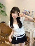 Coverwin-Y2k Top Lace White Slim Kawaii Cute Women Clothes T shirt Suit Harajuku Sexy Sweet Girl Japanese Grunge Crop Top 2000s Tshirts