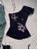 Coverwin-Vintage Punk Sexy T Shirt Women Clothes 90S Summer Flower Off Shoulder Gothic Casual Slim Tees Girl Crop Femme T shirts Y2k Tops
