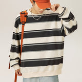 Coverwin Retro Stripes Clashing Colour Splicing Round Collar Sweatshirt Men Autumn Loose Couple Pullover Bottom Shirt Men and Women Soft