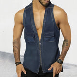 Coverwin Vintage Patchwork Jean Tank Tops Men Slim Fit Sleeveless Denim V-neck zipper Shirts Summer Fashion Sexy Vest Male Streetwear