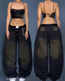 Coverwin Street Vintage Fashion New Black Washed Baggy Jeans Women Y2K Harajuku Hip Hop Popular Casual Gothic High Waist Wide Leg Pants