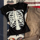 Coverwin-Skulls Punk T shirt Women Slim Gothic Street Vintage Black Short Tops Dark Crop Top Femme T Shirts Sexy Y2k Clothing 2000s Tees