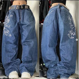 Coverwin 2024 New American Harajuku Vintage Straight High Waist Y2K Women Washed Blue Pocket Baggy Jeans Street Style Gothic Wide Pants