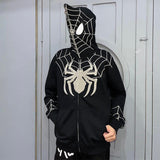 Coverwin Y2k Men Spider Print Hoodies Women Hip Hop Zipper Long Sleeve Jacket Coats Autumn Winter Harajuku Casual Loose Hooded Sweatshirt