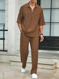 Coverwin Summer Men's Set Half Sleeved Shirt and Long Pants Two-piece Turn-down V-neck Casual Streetwear Holiday Loose Suit Hot Sales