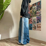 Coverwin Simple Retro Y2K Harajuku Sports Striped Embroidered Washed Blue Jeans Men's Street Trend Loose Wide-leg Pants Skateboard Pants