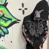 Coverwin Y2K Aesthetics Grunge Retro Sweatshirts Women Gothic Goth Zip Hoodies Vintage Coat Skull rhinestone Print Men Streetwear Top