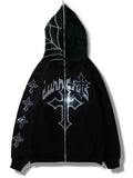 Coverwin Men Y2K Fashion Hoodie Rhinestones letter graphics Print Zip Hoodie clothes Hoodies Goth Long Sleeve Sweatshirt Oversized Top