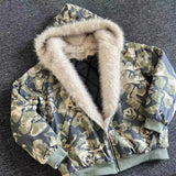 Coverwin American Vintage Camouflage Plush Hat Jacket Y2K High Street Hip hop Harajuku Loose Women Make Old Hoodies Fashion Streetwear