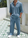 Coverwin Summer Men's Set Half Sleeved Shirt and Long Pants Two-piece Turn-down V-neck Casual Streetwear Holiday Loose Suit Hot Sales