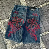 Coverwin 2000s American Patchwork Applique Technology High Quality Blue Loose Jeans Y2K Street Trendy Personality Harajuku Hip Hop Shorts