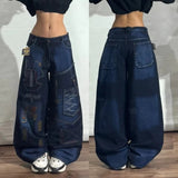 Coverwin Y2K Fashion New Letter Patch Embroidery Washing Old Baggy Jeans Women Street Vintage Gothic Hip Hop Pop High Waist Wide Leg Pant