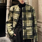 Coverwin Men Winter Outfit Men's Tweed Plaid Blazers Cardigan Autumn Winter Trend Collarless Short Jacket Fashion Green Korean Style Chic Elgance Coat