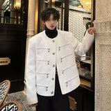 Coverwin Men Winter Outfit Men's Elegant Jacket Korean Style Luxury Short Suit Coat Fashion Multi-zipper Sequin Design Trend Male Casual Jackets White