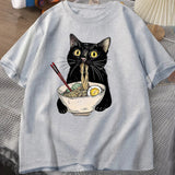 Coverwin Outfit American Ins Personality Simple Noodle Ramen Print Cat T-shirt Food Lovers Retro Casual Short-sleeved T-shirt for Men and Women