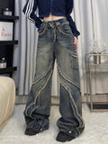 Coverwin Harajuku washed distressed stitching raw edge high street trendy casual jean for women 2024 flesh-covering design straight pants