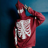 Coverwin Harajuku Streetwear Zipper Skeleton Print Jackets Coat Red Hooded Sweatshirt Long-sleeved Oversized Casual Hoodies Skull Punk