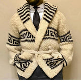 Coverwin Autumn Winter Men Thicken Jacquard Knitted Cardigan Coat Vintage Turndown Collar With Waistband Thick Needle Sweater Streetwear