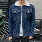 Coverwin Winter New Men's Retro Fleece Denim Jacket, Solid Color Warm Collar Jacket, Daily Casual Single Breasted Men's Clothing