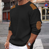 Coverwin Men Patchwork Suede Knit Sweater Slim Fit Long Sleeve O-neck  Knitwear Spring Autumn Fashion Knitted Pullover Tops Streetwear