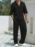 Coverwin Summer Men's Set Half Sleeved Shirt and Long Pants Two-piece Turn-down V-neck Casual Streetwear Holiday Loose Suit Hot Sales