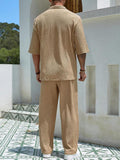 Coverwin Summer Men's Set Half Sleeved Shirt and Long Pants Two-piece Turn-down V-neck Casual Streetwear Holiday Loose Suit Hot Sales