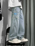 Coverwin Men's Distressed Star Embroidered Loose Jeans