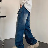 guys clothing styles American Jeans Washed Wide-Leg Pants Men and Women Retro Trendy Men's Fashion All-Match Casual Blue Denim