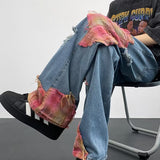 90s streetwear Street Sunset Lace Stitching Jeans Men's Hip Hop Hiphop Niche Versatile Loose Straight Mop Pants