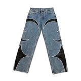 baggy New American-Style Embroidered Patchwork Jeans Men's Loose Straight Leather Patch Stitching Casual Pants