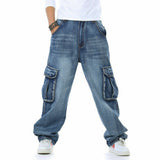 90s fashion men Fat Guy plus Size Fashion Multi-Pocket Wide Jeans plus Size Ins Men's Loose Denim Long Pants