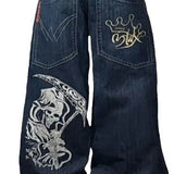 2000s dti Fashion Brand Hip Hop Embroidered Large Pocket Jeans Men's and Women's Y2g High Street Mopping Wide Leg Pants