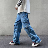 guys fashion casual American Style Street Jeans Men's Spring New Fashion Brand Ins Loose Straight Pants Design Sense Multi-Pocket Overalls