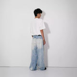 90s fashion men Whoami Light Blue Washed Distressed Loose Jeans with Broken Trousers Design Wide Leg Trousers