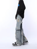 Coverwin spring outfits men summer outfit Mage Wide Distressed Patchwork Jeans