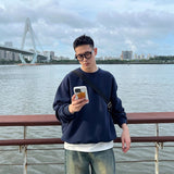 mens fashion INS Versatile Basic Sweater round Neck Pullover Loose Casual Bottoming Shirt Long Sleeve Men and Women Couple Top Dark Blue.