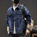 men’s fashion W1801# plus Size Men's Spring New Heavy Industry Washed Denim Jacket Men's Loose All-Match Retro Denim Jacket