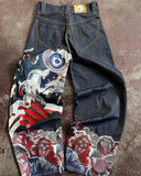 90s streetwear Harajuku Vintage Bat Pattern Embroidery Loose Jeans Men Street Y2g Pants Slouch Jeans