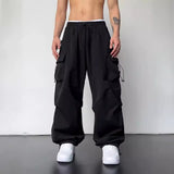 masc outfits American High Street Drawstring Overalls Trendy High Waist Loose All-Match Straight Couple Wide Leg Casual Trousers