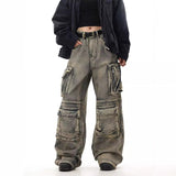 hipster dress to impress American-Style Retro Washed Distressed Waste Soil Style Multi-Pocket Workwear Jeans Men's and Women's Loose Wide-Leg Straight Mop Pants