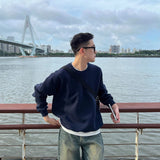 mens fashion INS Versatile Basic Sweater round Neck Pullover Loose Casual Bottoming Shirt Long Sleeve Men and Women Couple Top Dark Blue.