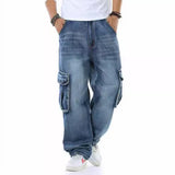 90s fashion men Fat Guy plus Size Fashion Multi-Pocket Wide Jeans plus Size Ins Men's Loose Denim Long Pants