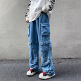 guys fashion casual American Style Street Jeans Men's Spring New Fashion Brand Ins Loose Straight Pants Design Sense Multi-Pocket Overalls