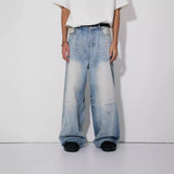 90s fashion men Whoami Light Blue Washed Distressed Loose Jeans with Broken Trousers Design Wide Leg Trousers