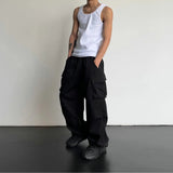 masc outfits American High Street Drawstring Overalls Trendy High Waist Loose All-Match Straight Couple Wide Leg Casual Trousers