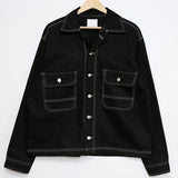 Coverwin 2024 New Fashion Men Spring outfit  No. 6570 BLACK BUTTON-UP WHITE STICHED DENIM JK