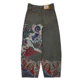 90s streetwear Harajuku Vintage Bat Pattern Embroidery Loose Jeans Men Street Y2g Pants Slouch Jeans