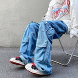 guys fashion casual American Style Street Jeans Men's Spring New Fashion Brand Ins Loose Straight Pants Design Sense Multi-Pocket Overalls